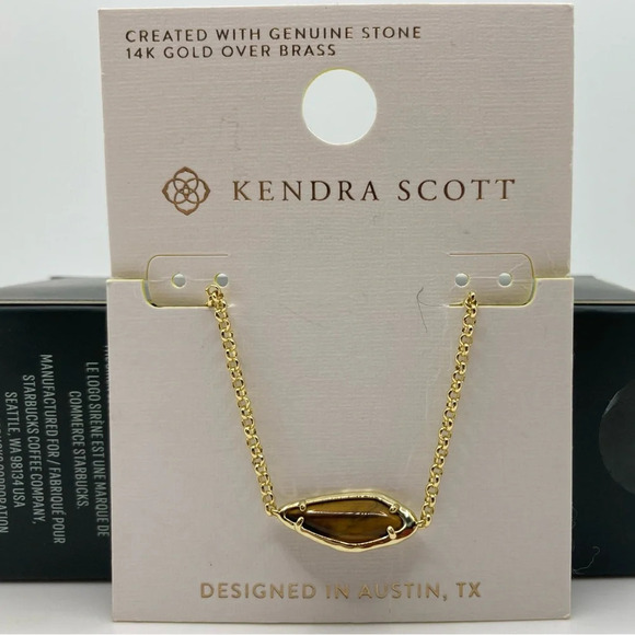 KENDRA SCOTT Genuine Stone Tiger’s Eye Pendant Chain Necklace 14k Gold NEW NWT - Picture 1 of 5